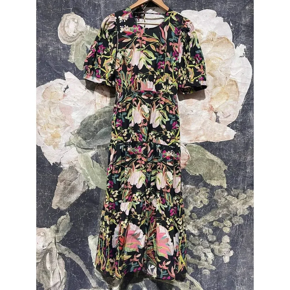 New Anthropologie x Condition Apply Floral Tiered Maxi Dress Puff Sleeves Sz MP - Picture 6 of 6